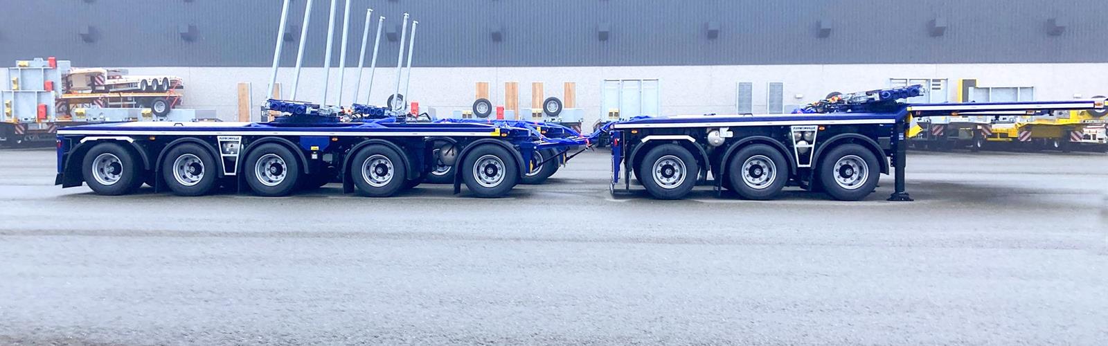 Dank des einstellbaren Lenksystems, das der Zugmaschine autonom folgt, eignet sich dieser FlexMAX genannte Fahrzeugtyp besonders für den Transport von selbsttragendem Langmaterial wie z.B. Betonträger